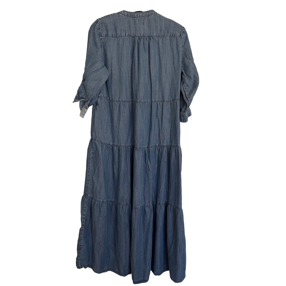 Chico's Blue Chambray Tiered Maxi Dress in Tencel Size 0.5 US6 Roll Tab Sleeves - Picture 3 of 8